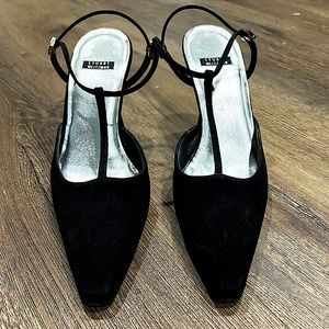 Stuart Weitzman Black Suede T-Strap Pointed Toe Heels